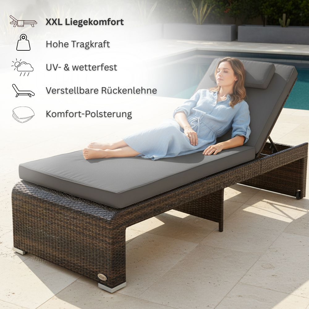 Polyrattan Sonnenliege mit grauer Auflage am Pool, Person entspannt liegend; hohe Tragkraft, wetterfest und verstellbare Rückenlehne