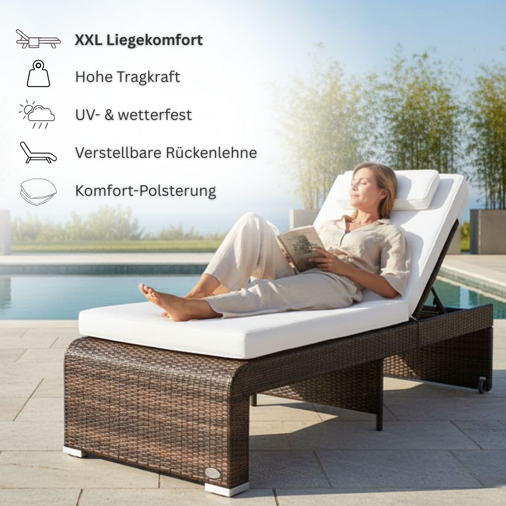 Person entspannt auf brauner Polyrattan Sonnenliege am Pool; hohe Tragkraft, UV- und wetterfest sowie verstellbare Rückenlehne