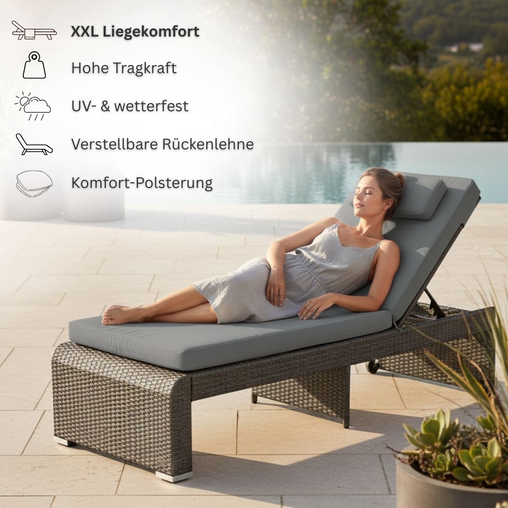 Person entspannt auf grauer Polyrattan Sonnenliege am Pool; wetterfest, hohe Tragkraft und verstellbare Rückenlehne