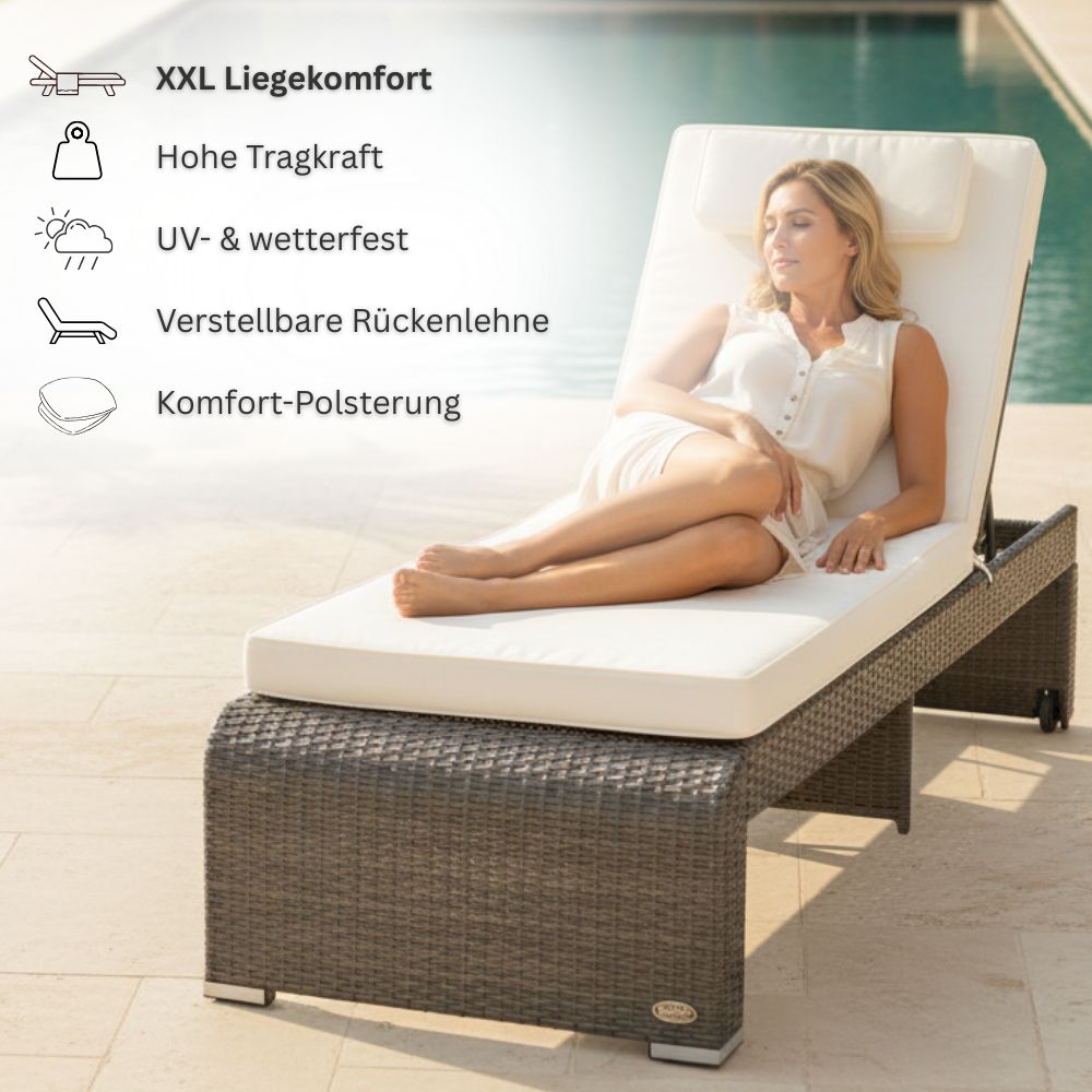 Person entspannt auf grauer Polyrattan Sonnenliege am Pool; wetterfest, hohe Tragkraft und verstellbare Rückenlehne