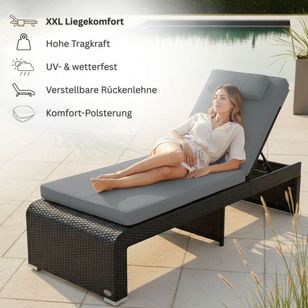 Person entspannt auf schwarzer Polyrattan Sonnenliege am Pool; wetterfest, hohe Tragkraft und verstellbare Rückenlehne