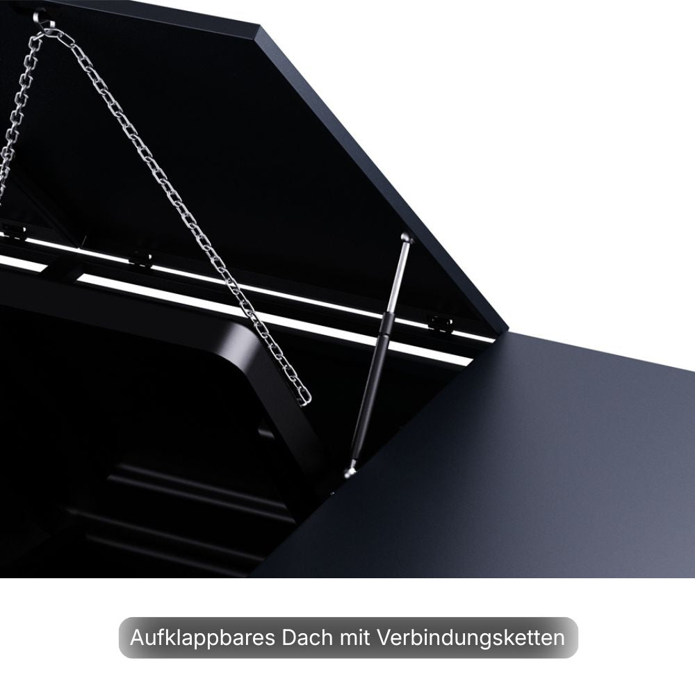 Detailansicht der Gasdruckfeder und des aufklappbaren Dachs der 3er Mülltonnenbox aus Metall.