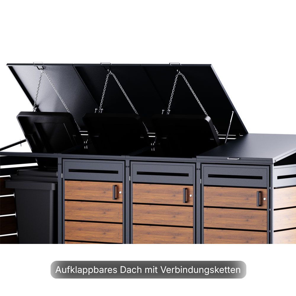 Geöffnete 4er Mülltonnenbox mit aufklappbaren Deckeln, Verbindungsketten und Gasdruckfedern zum komfortablen Öffnen.