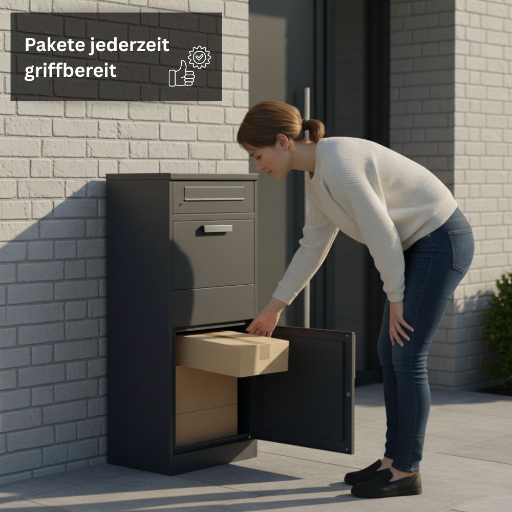 Person entnimmt ein Paket aus dem unteren Fach eines anthrazitfarbenen Briefkastens mit Paketfach. Der freistehende Paketbriefkasten aus Stahl ermöglicht die sichere Aufbewahrung und einfache Entnahme von Paketen im Außenbereich.