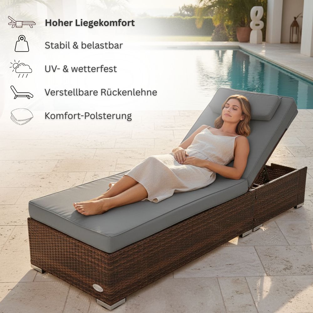 Polyrattan Sonnenliege in Braun mit grauer Komfortauflage am Pool, Frau entspannt liegend, verstellbare Rückenlehne, wetterfest und stabil für Garten und Terrasse