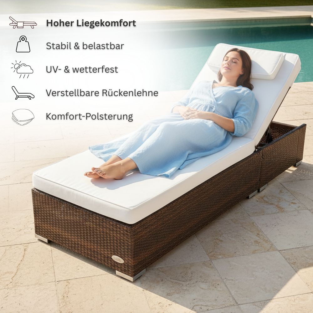 Polyrattan Sonnenliege Palermo in Braun mit heller Komfortauflage und verstellbarer Rückenlehne auf moderner Terrasse, wetterfeste Gartenliege