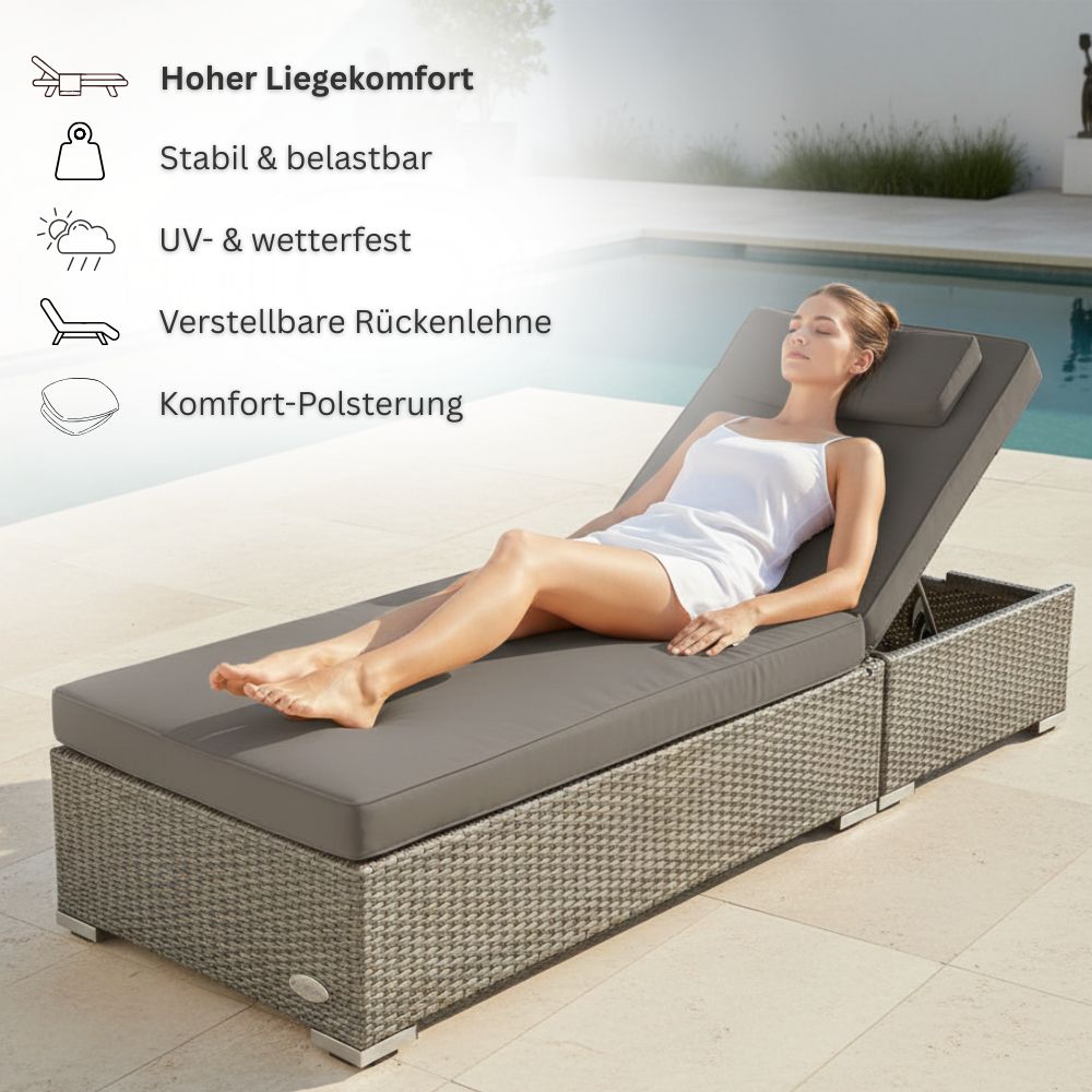 Outdoor-Sonnenliege aus grauem Polyrattan mit verstellbarer Rückenlehne und Polsterauflage am Pool, mit eingeblendeten Eigenschaften wie hoher Liegekomfort, stabil, UV- und wetterfest