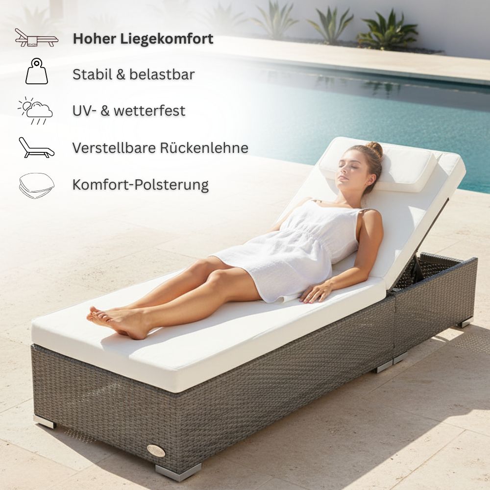 Polyrattan Sonnenliege in Grau mit heller Komfortauflage am Pool, Frau entspannt liegend, verstellbare Rückenlehne, stabil, UV- und wetterfest für Garten und Terrasse