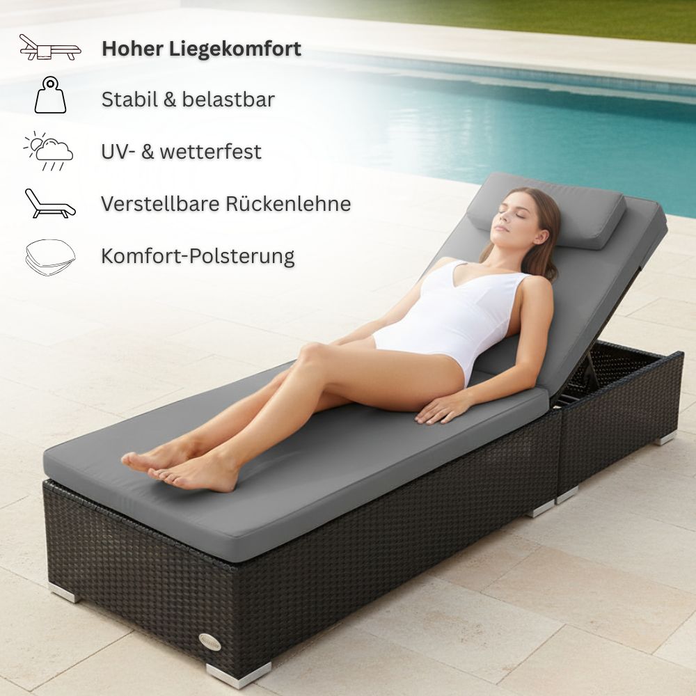 Polyrattan Sonnenliege in Schwarz mit grauer Komfortauflage am Pool, Frau liegt entspannt, verstellbare Rückenlehne, stabil, UV- und wetterfest für Garten und Terrasse