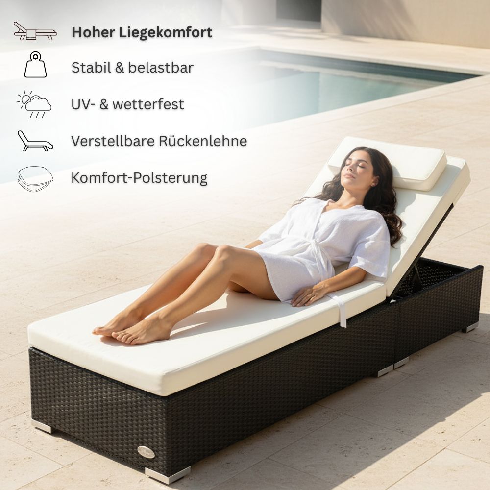 Polyrattan Sonnenliege in Schwarz mit Komfortauflage und verstellbarer Rückenlehne, Person entspannt am Pool, ideale Gartenliege für Sommer und Outdoor