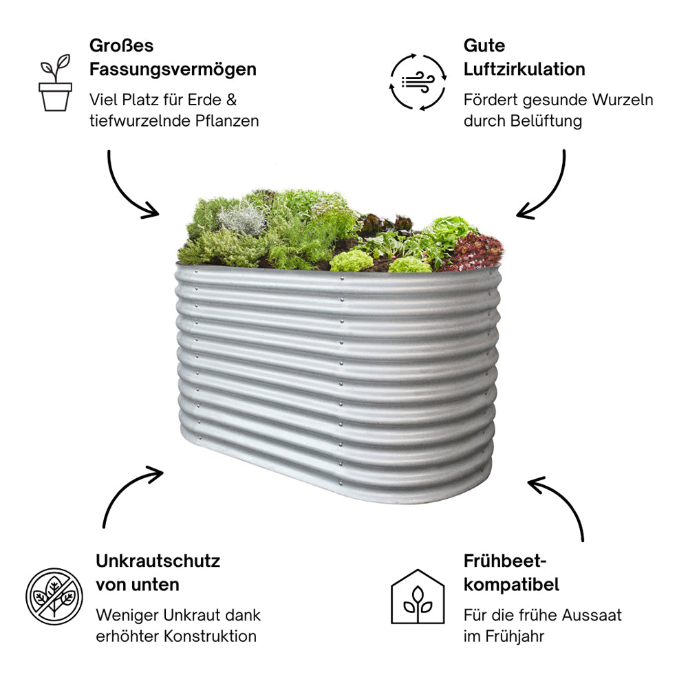 Hochbeet mit Gemüse und Icons zu Vorteilen wie Luftzirkulation und Frühbeet-Nutzung.