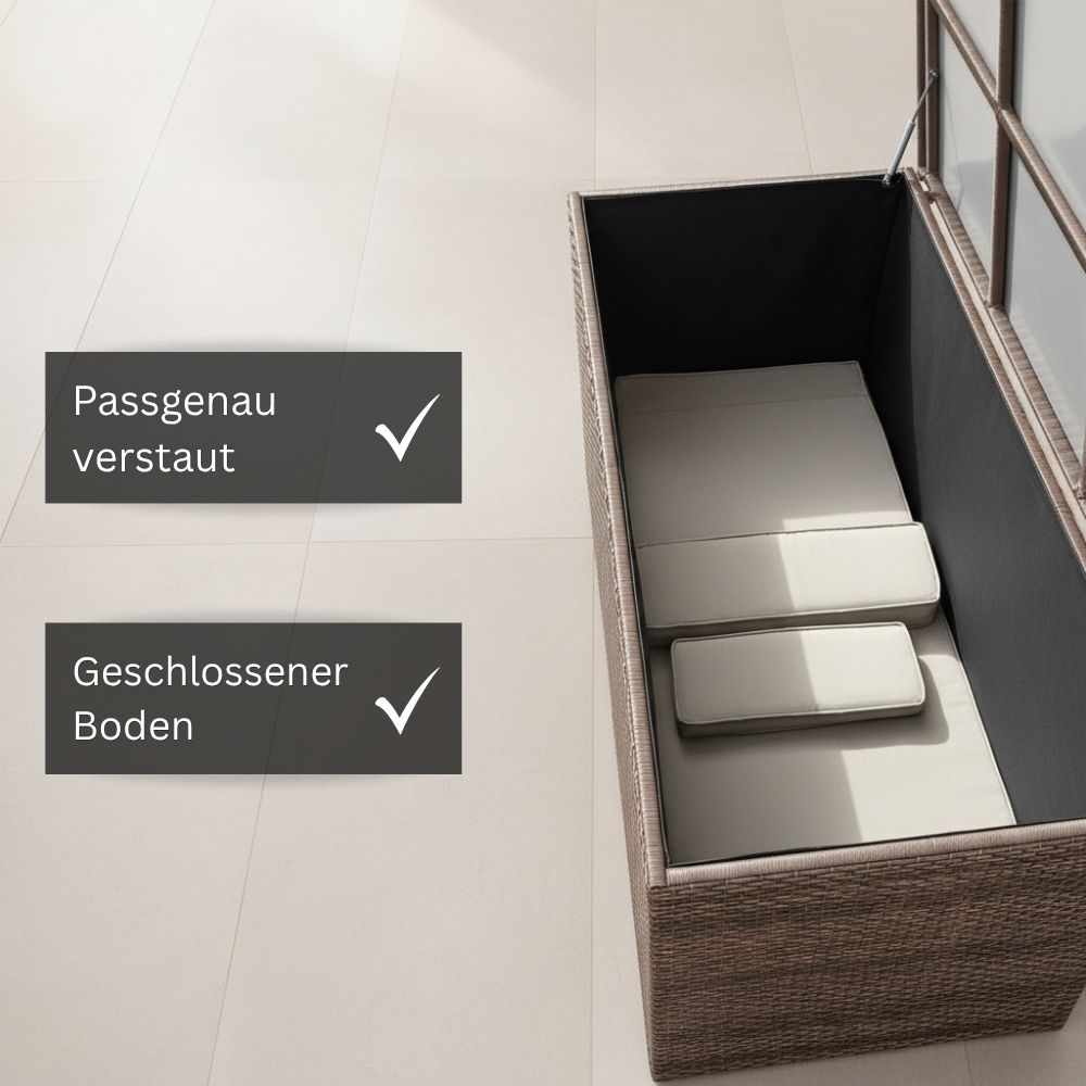 Innenansicht einer braunen Garten-Aufbewahrungsbox mit geschlossenem Boden und Stauraum für Gartenauflagen, Sitzkissen und Outdoor-Zubehör.