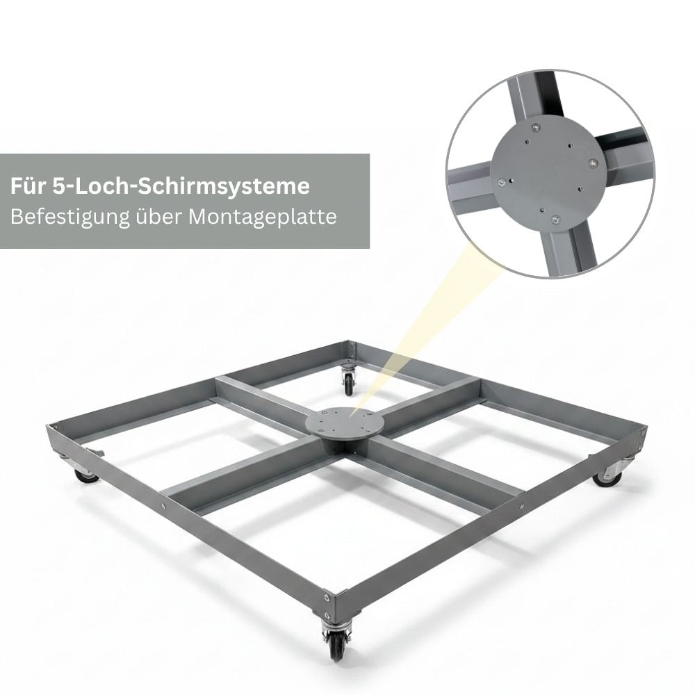 Rollbarer Sonnenschirmständer mit Montageplatte zur Befestigung von Sonnenschirmen mit 5-Loch-System