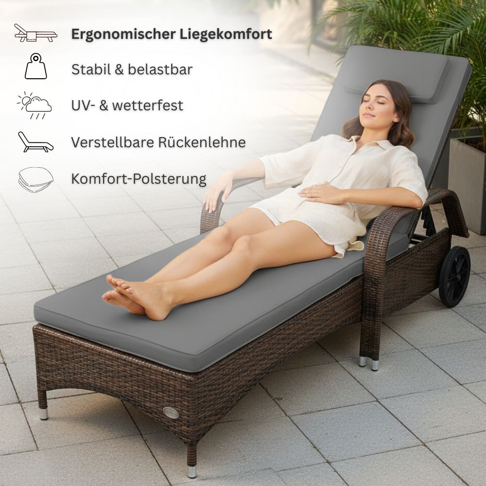 Frau entspannt auf Polyrattan Sonnenliege mit grauer Polsterung, ergonomisch, wetterfest und verstellbar
