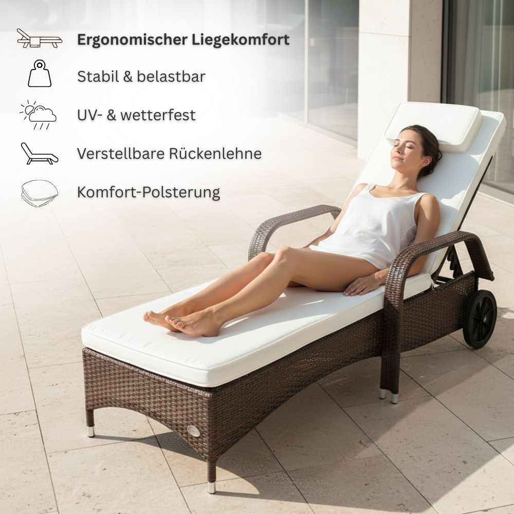Frau entspannt auf ergonomischer Sonnenliege, wetterfest, stabil und mit verstellbarer Rückenlehne
