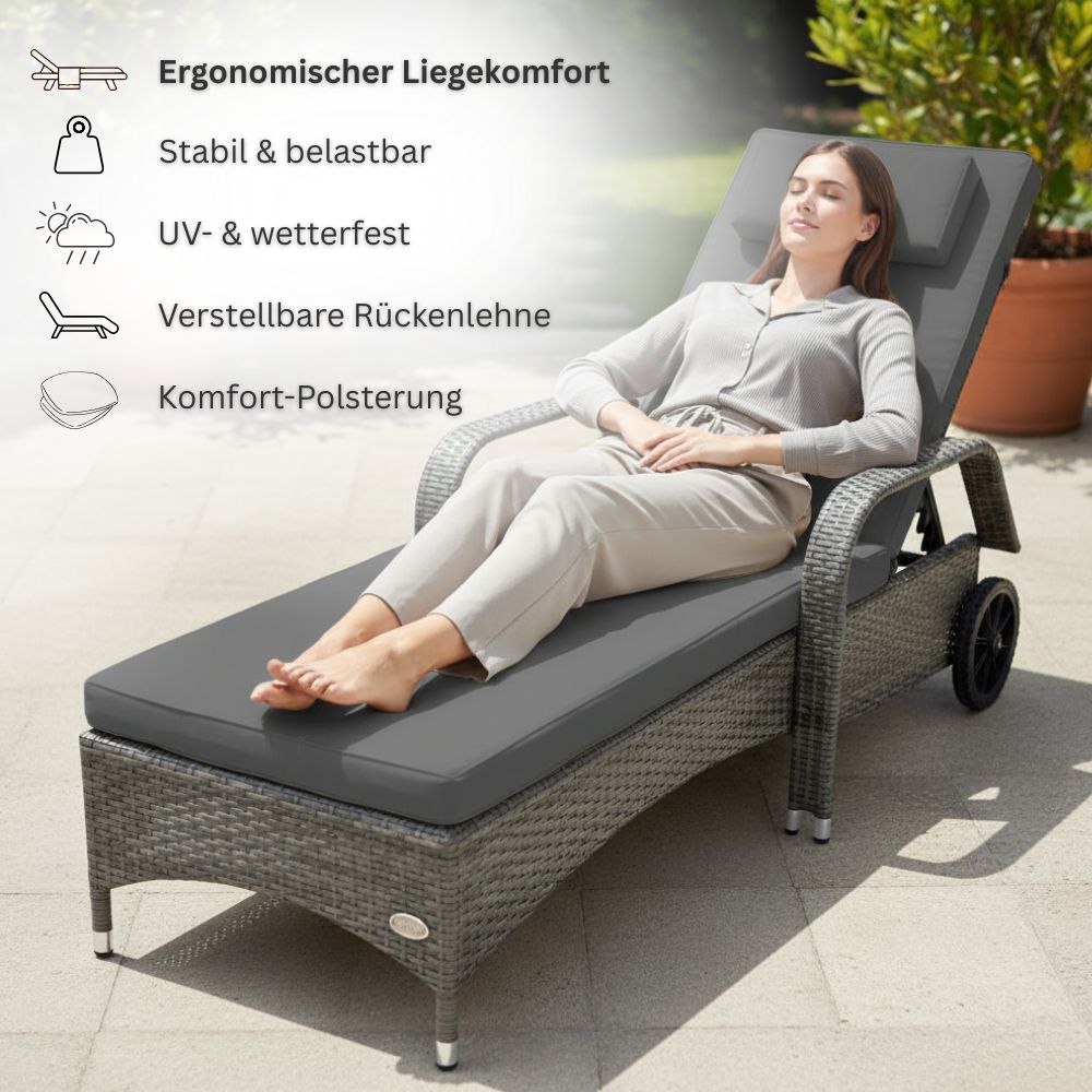 Frau entspannt auf ergonomischer Sonnenliege mit Polsterung, wetterfest und verstellbar
