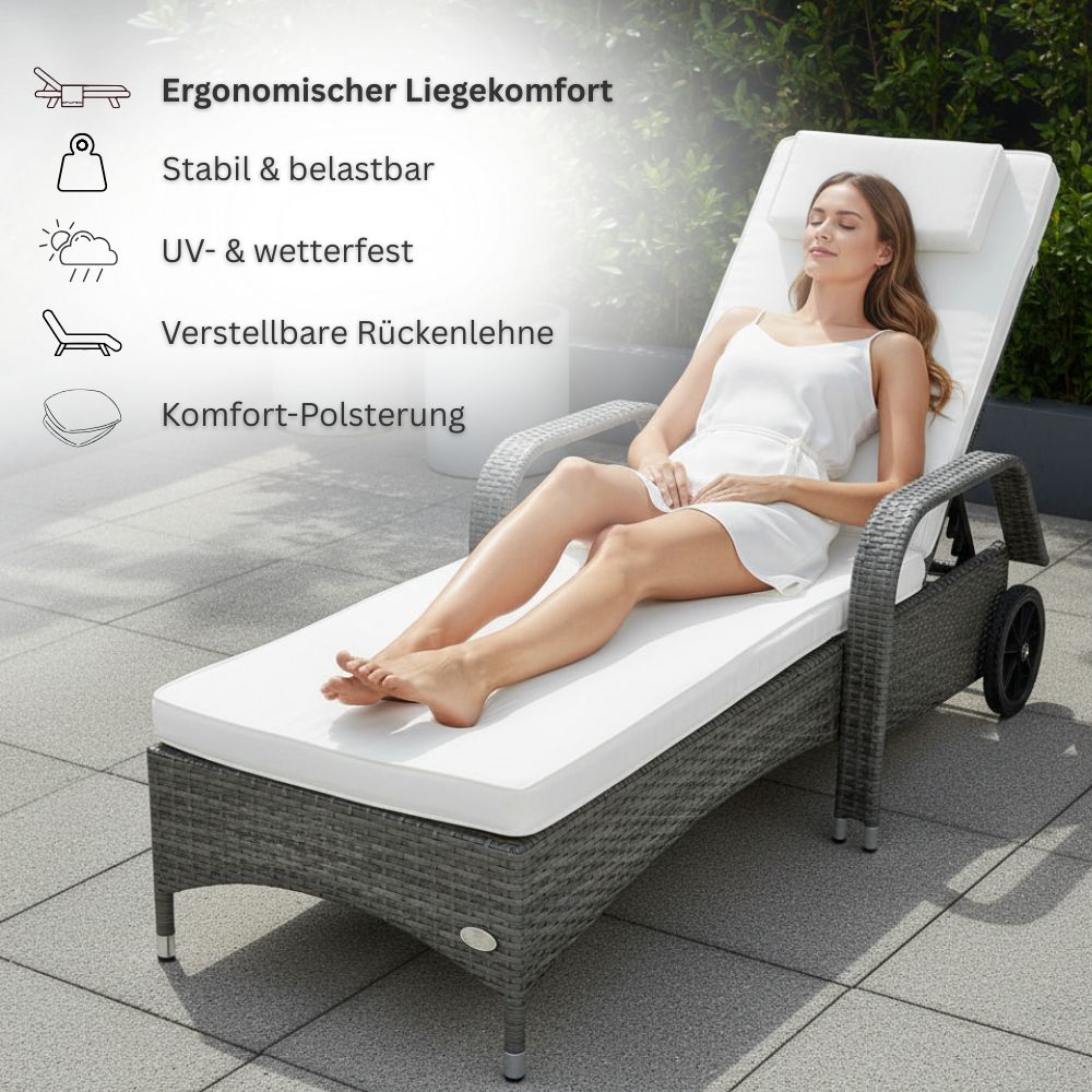 Frau entspannt auf ergonomischer Sonnenliege mit Polsterung, wetterfest und verstellbar