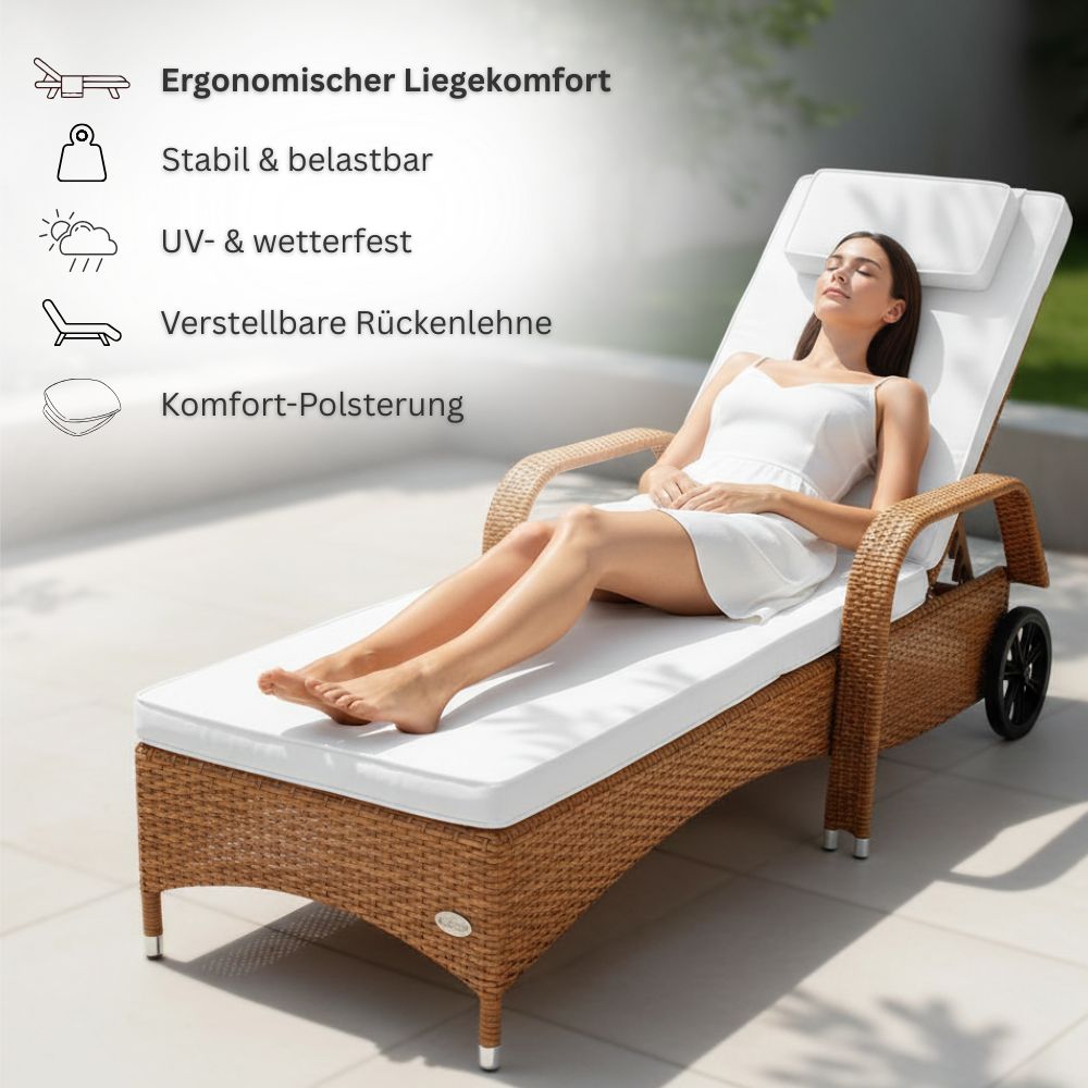Frau entspannt auf ergonomischer Sonnenliege, wetterfest, stabil und mit verstellbarer Rückenlehne