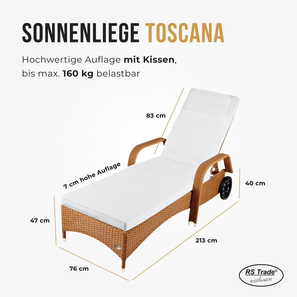 Natur Sonnenliege aus Rattan mit Polsterauflage und Armlehnen. Maße: 213 cm lang, 76 cm breit, 47 cm hoch, Rückenlehne 83 cm, Auflage 7 cm stark. Belastbar bis 160 k