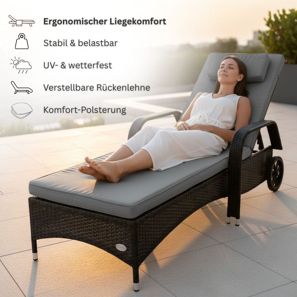 Frau entspannt auf ergonomischer Sonnenliege mit Polsterung, wetterfest und verstellbar