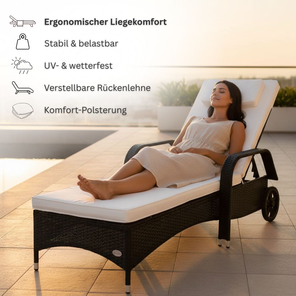 Frau entspannt auf ergonomischer Sonnenliege, verstellbare Rückenlehne und weiche Polsterung