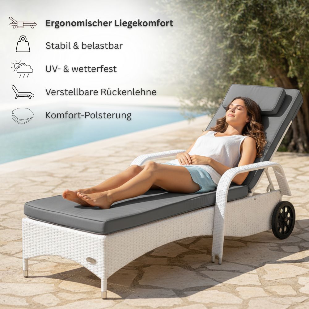 Frau entspannt auf ergonomischer Sonnenliege, wetterfest, stabil und mit verstellbarer Rückenlehne