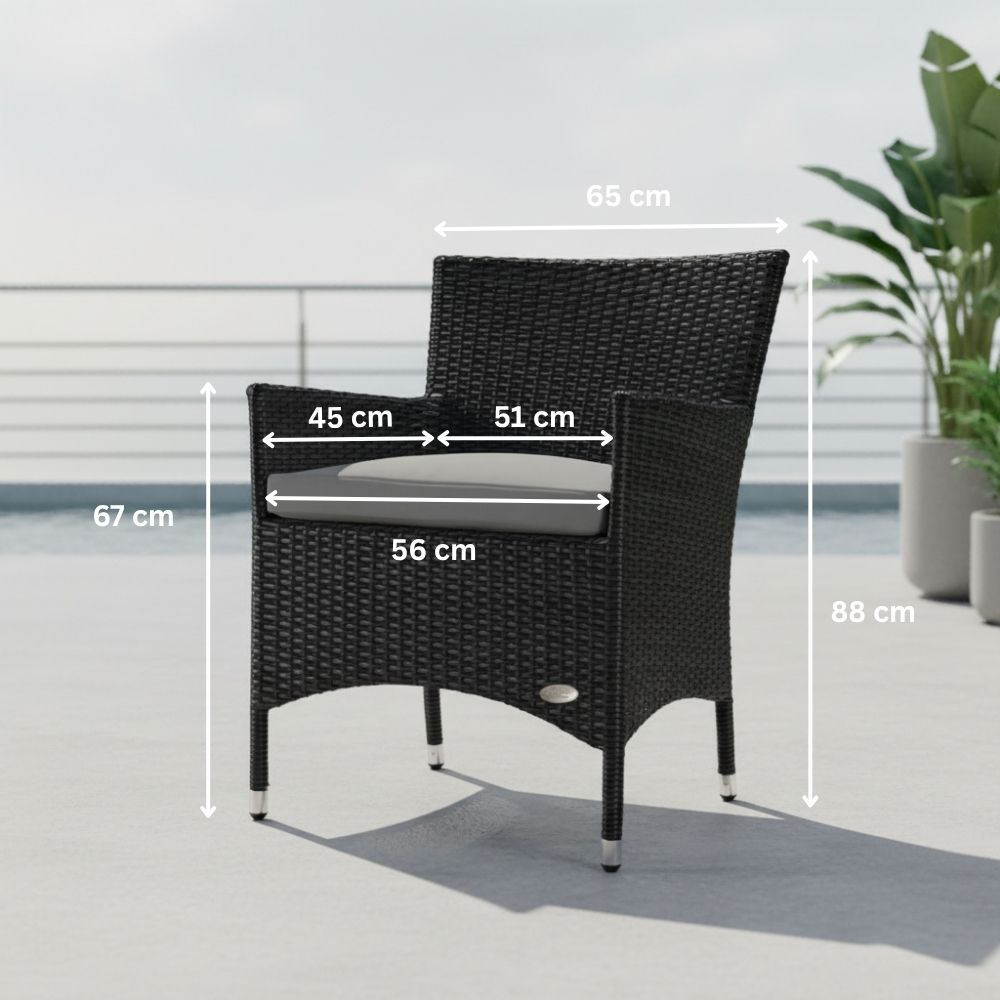 Maßgrafik des schwarzen Gartenstuhls „Trento“ aus Polyrattan mit 88 cm Höhe, 65 cm Breite und großzügiger Sitzfläche. Komfortabler Outdoor-Stuhl für Balkon, Terrasse und Garten.