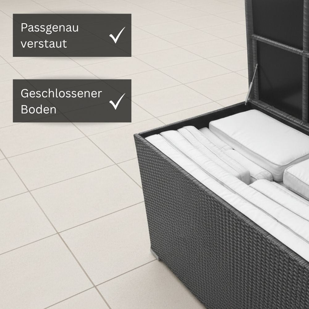 Graue Polyrattan-Gartenbox mit geschlossenem Boden und passgenau verstauten Gartenauflagen für eine saubere und geschützte Aufbewahrung im Außenbereich.