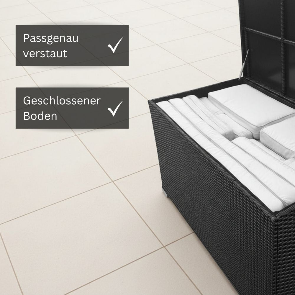 Schwarze Gartenbox aus Polyrattan mit geschlossenem Boden und passgenau verstauten Gartenauflagen für eine saubere und geschützte Aufbewahrung im Außenbereich.