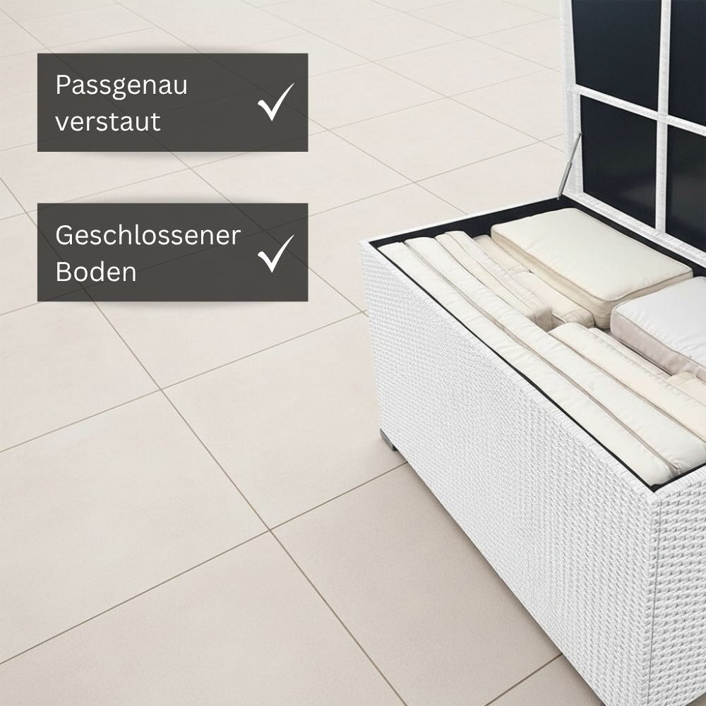 Weiße Polyrattan-Gartenbox mit geschlossenem Boden und passgenau verstauten Gartenauflagen für eine saubere und geschützte Aufbewahrung im Außenbereich.