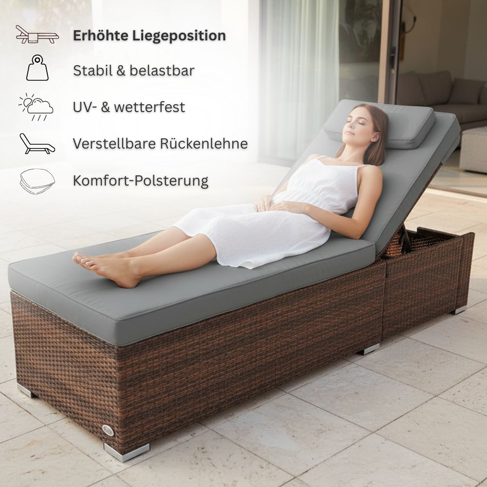 Frau entspannt auf brauner Sonnenliege mit grauer Komfortauflage, verstellbare Rückenlehne und hoher Liegekomfort