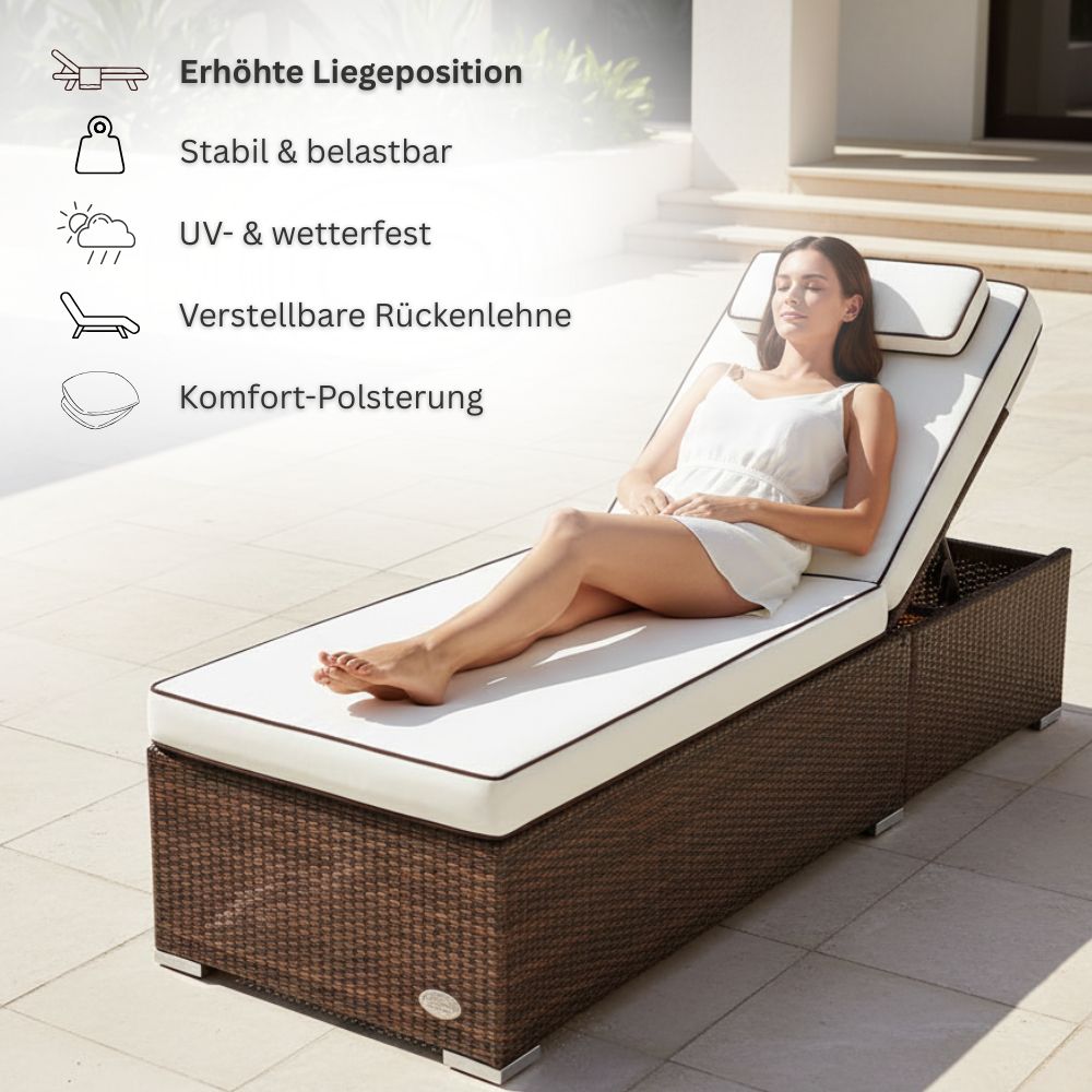 Frau entspannt auf brauner Polyrattan Sonnenliege mit verstellbarer Rückenlehne und bequemer Polsterauflage