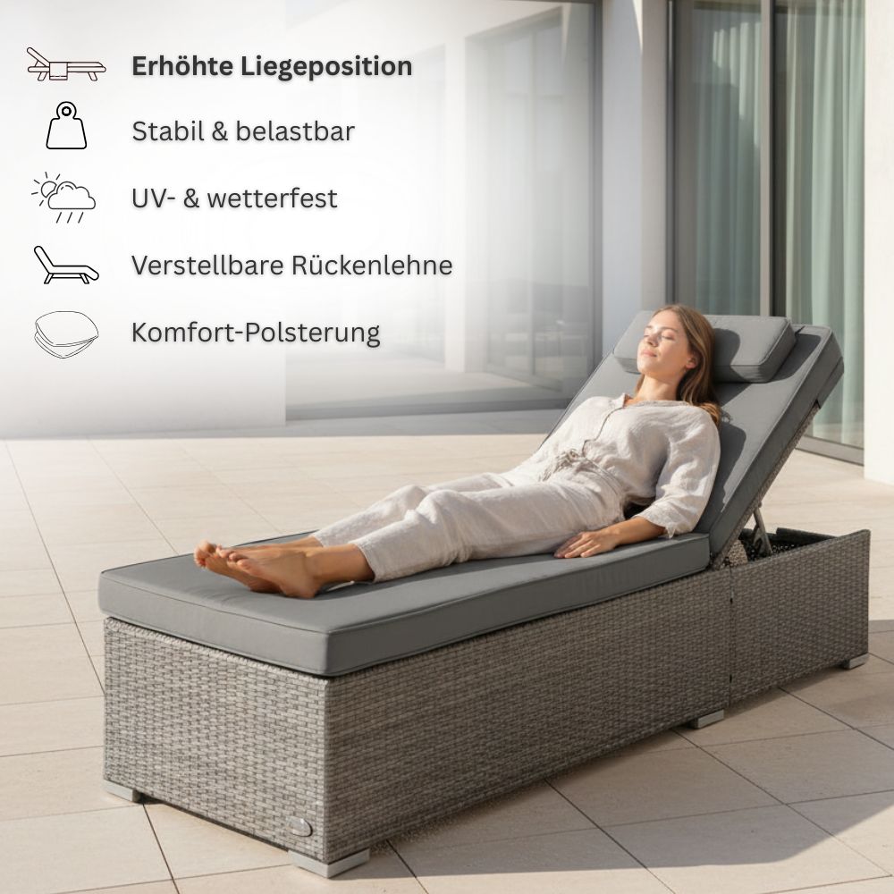 Frau entspannt auf grauer Sonnenliege mit Komfortauflage, verstellbare Rückenlehne und hoher Liegekomfort
