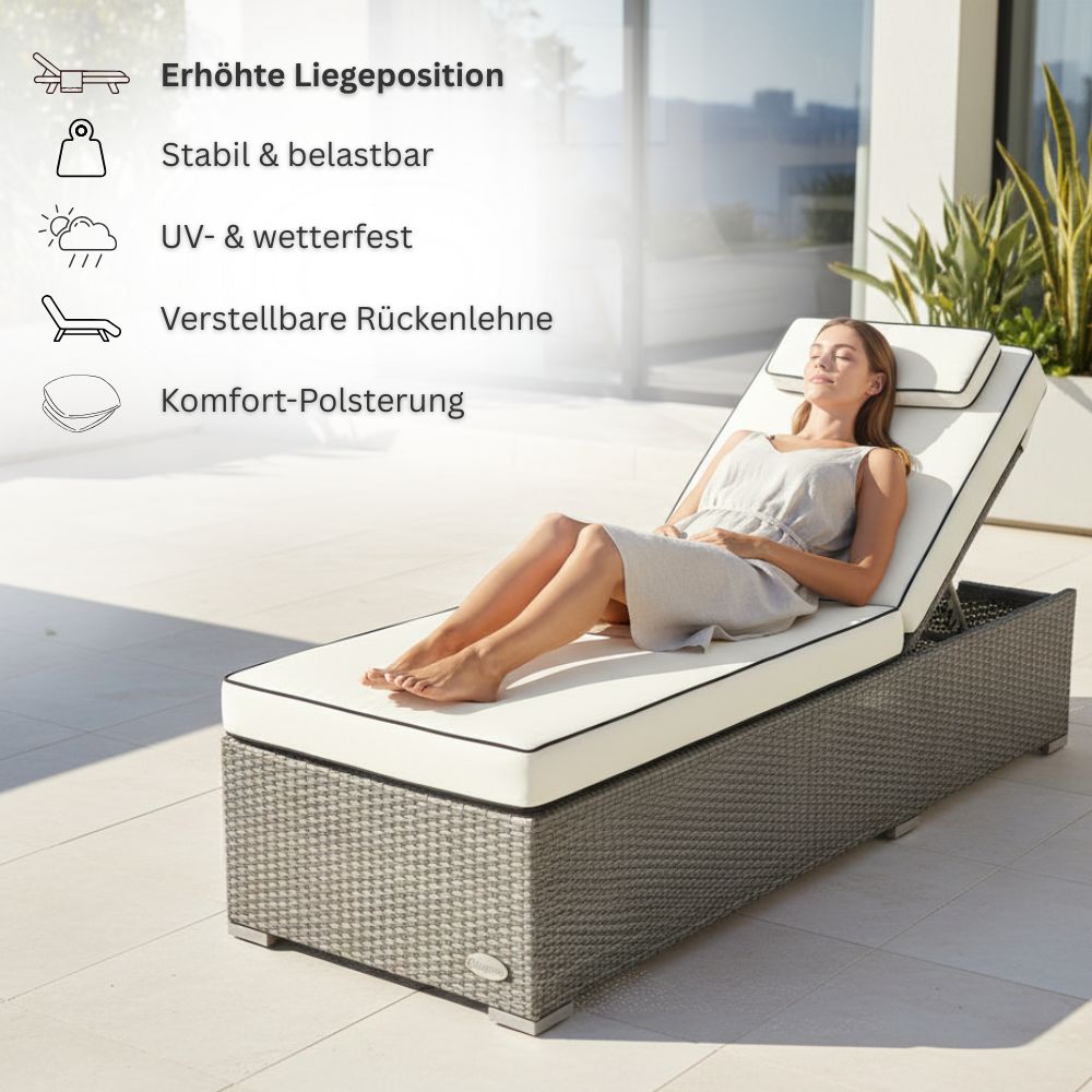 Frau entspannt auf grauer Sonnenliege mit weißer Polsterauflage, verstellbare Rückenlehne und hoher Liegekomfort