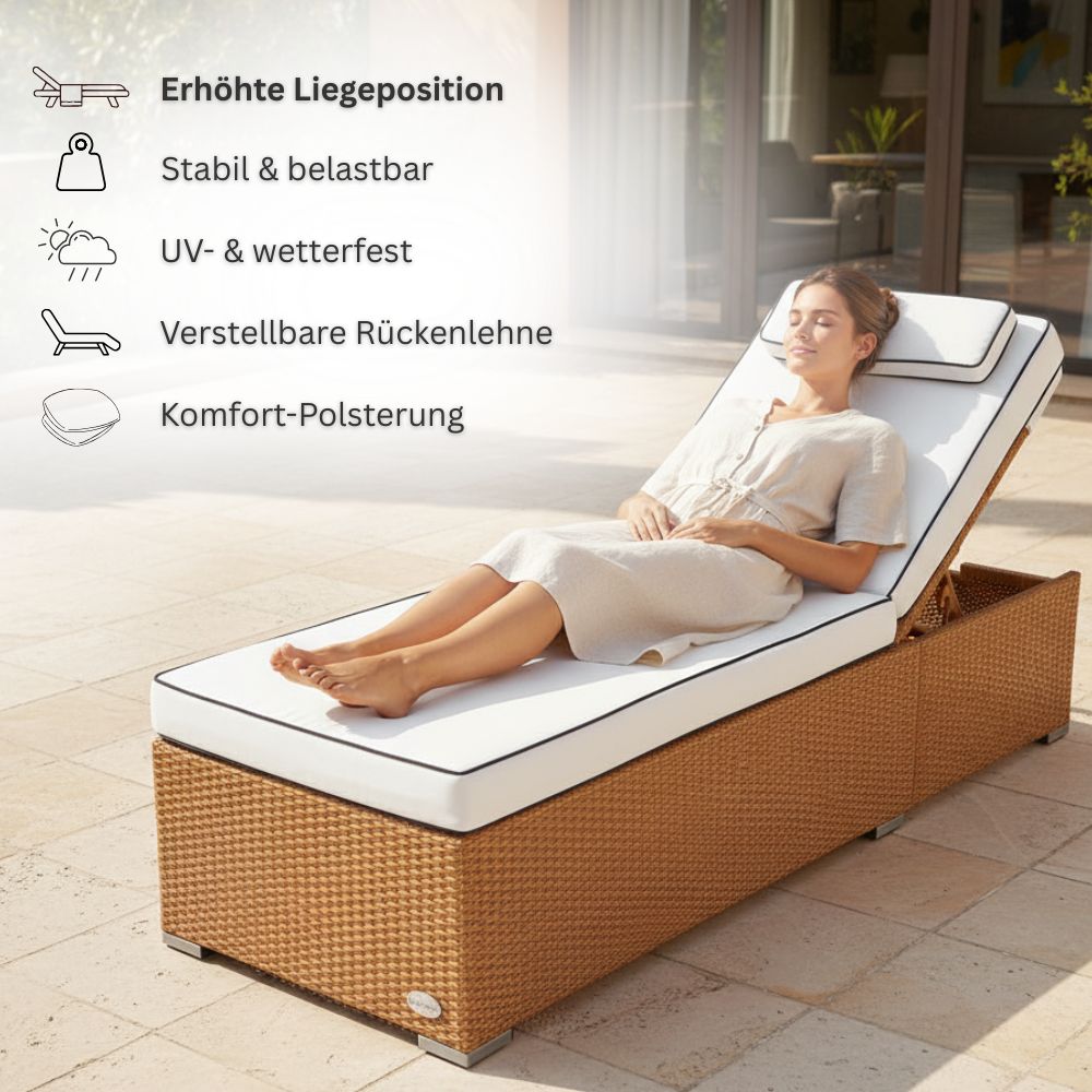 Frau entspannt auf Polyrattan Sonnenliege natur mit verstellbarer Rückenlehne und bequemer Polsterauflage