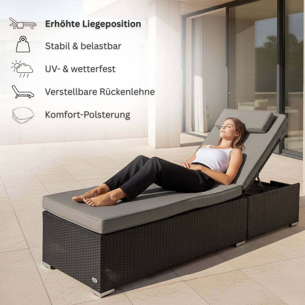 Frau entspannt auf schwarzer Sonnenliege mit grauer Komfortauflage, verstellbare Rückenlehne und hoher Liegekomfort