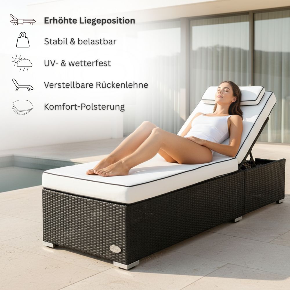 Frau entspannt auf schwarzer Polyrattan Sonnenliege mit verstellbarer Rückenlehne und bequemer Polsterauflage