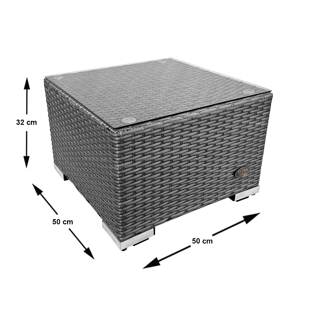 Quadratischer RS Trade Rattan-Beistelltisch, 50×50×32 cm, mit Glasplatte und silberfarbenen Füßen. Grau.