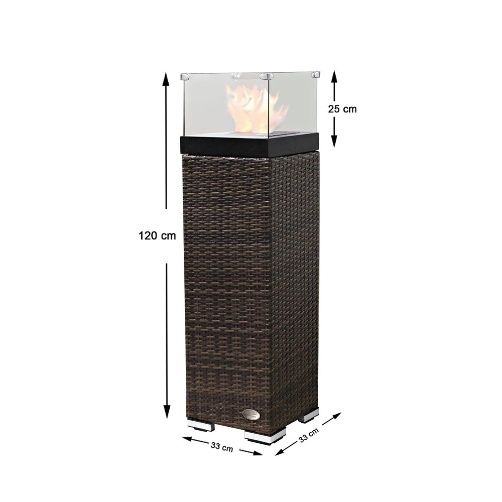 Maßangaben der Feuersäule: 120 cm hoch, 33 cm breit, 25 cm hoher Glasaufsatz mit Flamme. Braun.