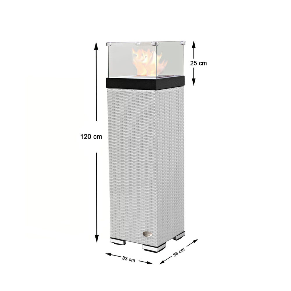Maßzeichnung: Feuersäule 120 cm hoch, 33 × 33 cm breit, 25 cm hohe Glasumrandung. Weiß.