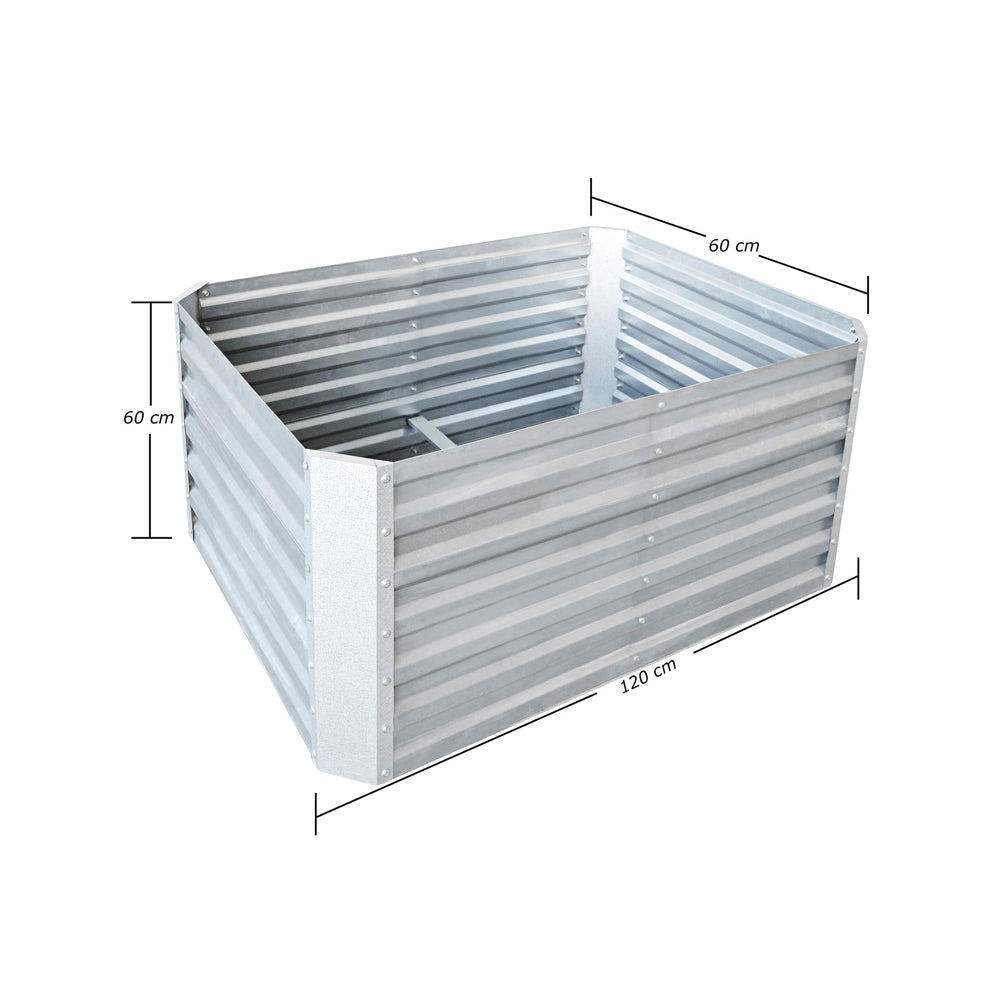 Offenes rechteckiges Metall-Hochbeet mit 120 × 60 × 60 cm Maßen, mit Querstrebe im Inneren.