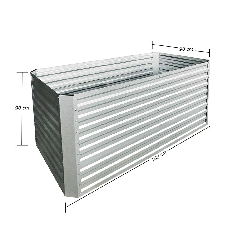 Leeres Hochbeet mit sichtbaren Maßen: 180 × 90 × 90 cm, stabile Konstruktion aus Metall.