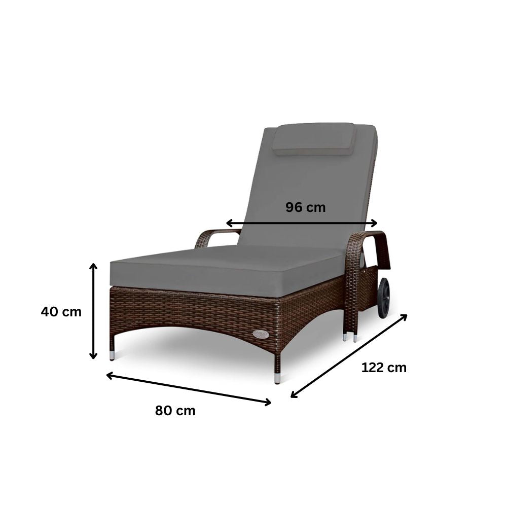 Maße der Polyrattan Sonnenliege in Braun mit Auflage, 122 x 80 x 40 cm, Breite 96 cm, Gartenliege mit Rollen