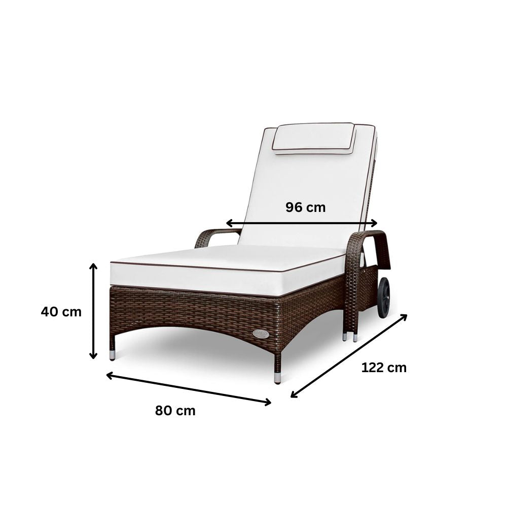 Maße der braunen Polyrattan Sonnenliege, 122 x 80 x 40 cm, Breite 96 cm, Gartenliege mit Rollen und Auflage