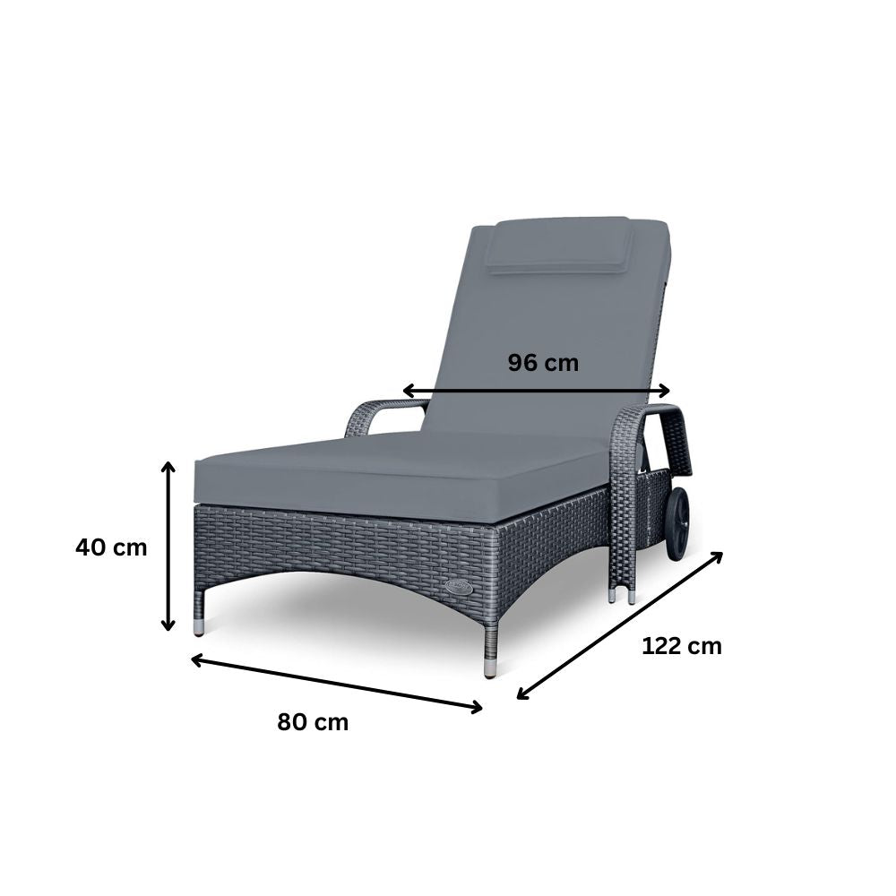 Maße der grauen Polyrattan Sonnenliege mit Auflage, 122 x 80 x 40 cm, Breite 96 cm, Gartenliege mit Rollen
