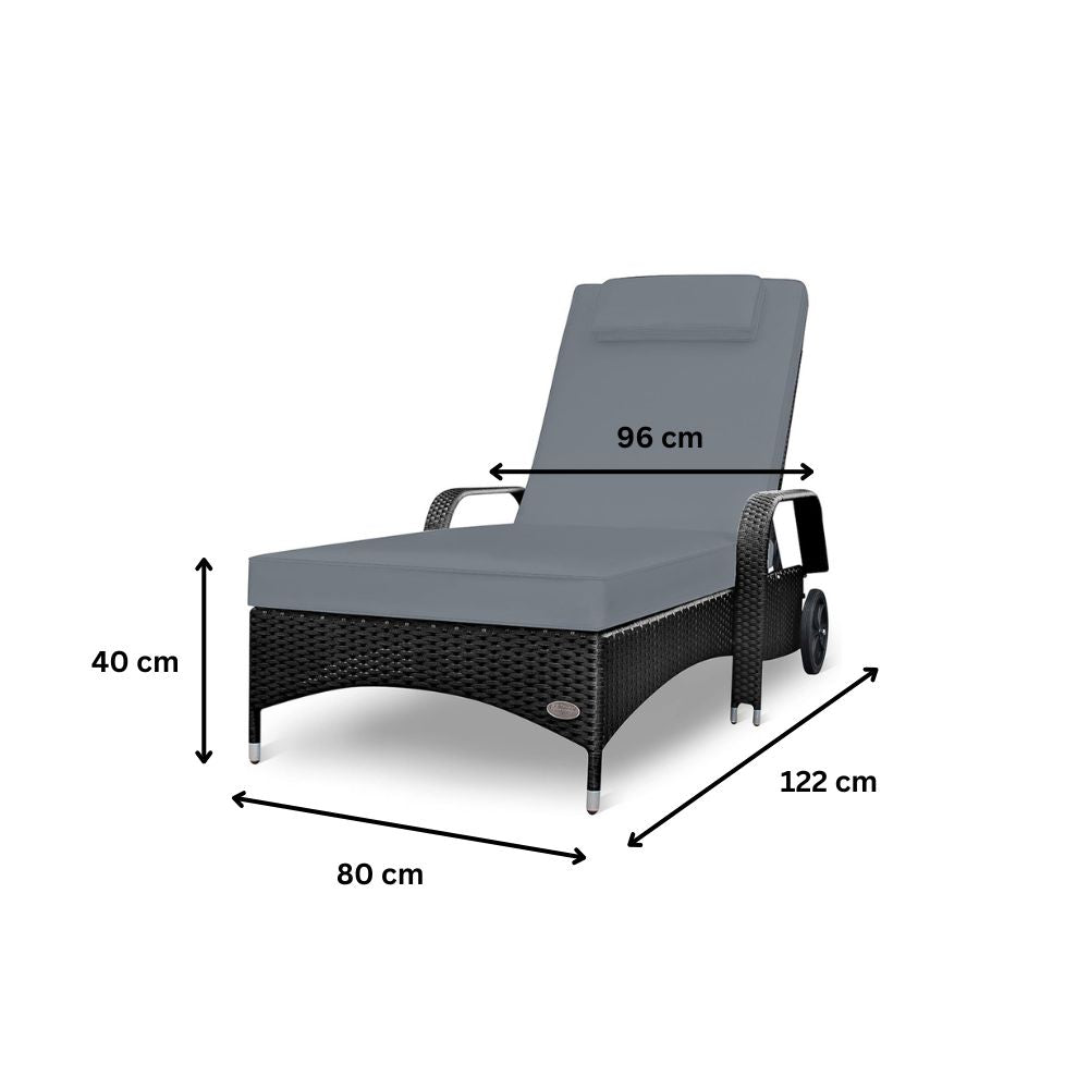 Maße der schwarzen Polyrattan Sonnenliege mit grauer Auflage, 122 x 80 x 40 cm, Breite 96 cm, Gartenliege mit Rollen
