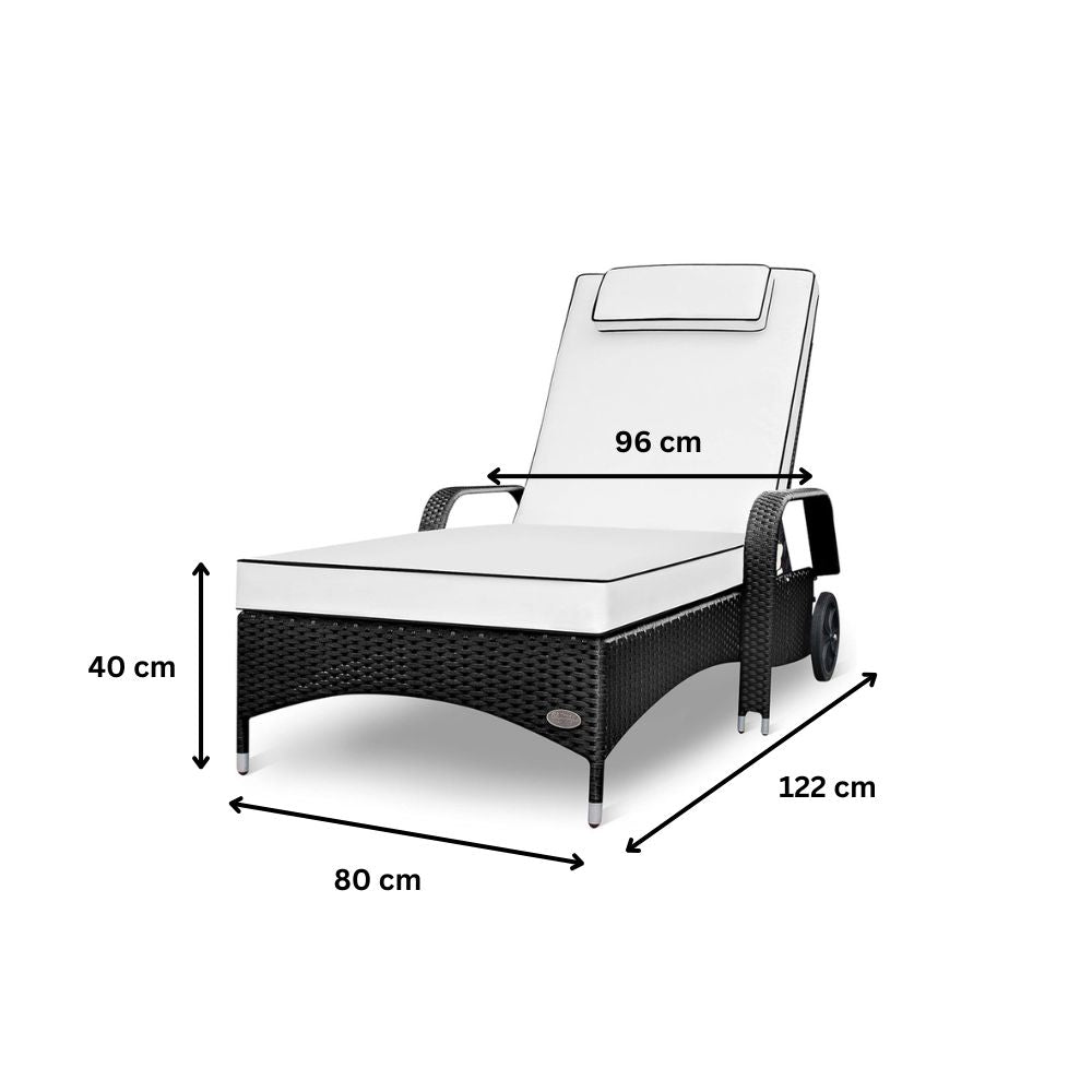 Maße der schwarzen Polyrattan Sonnenliege mit Auflage, 122 x 80 x 40 cm, Breite 96 cm, Gartenliege mit Rollen