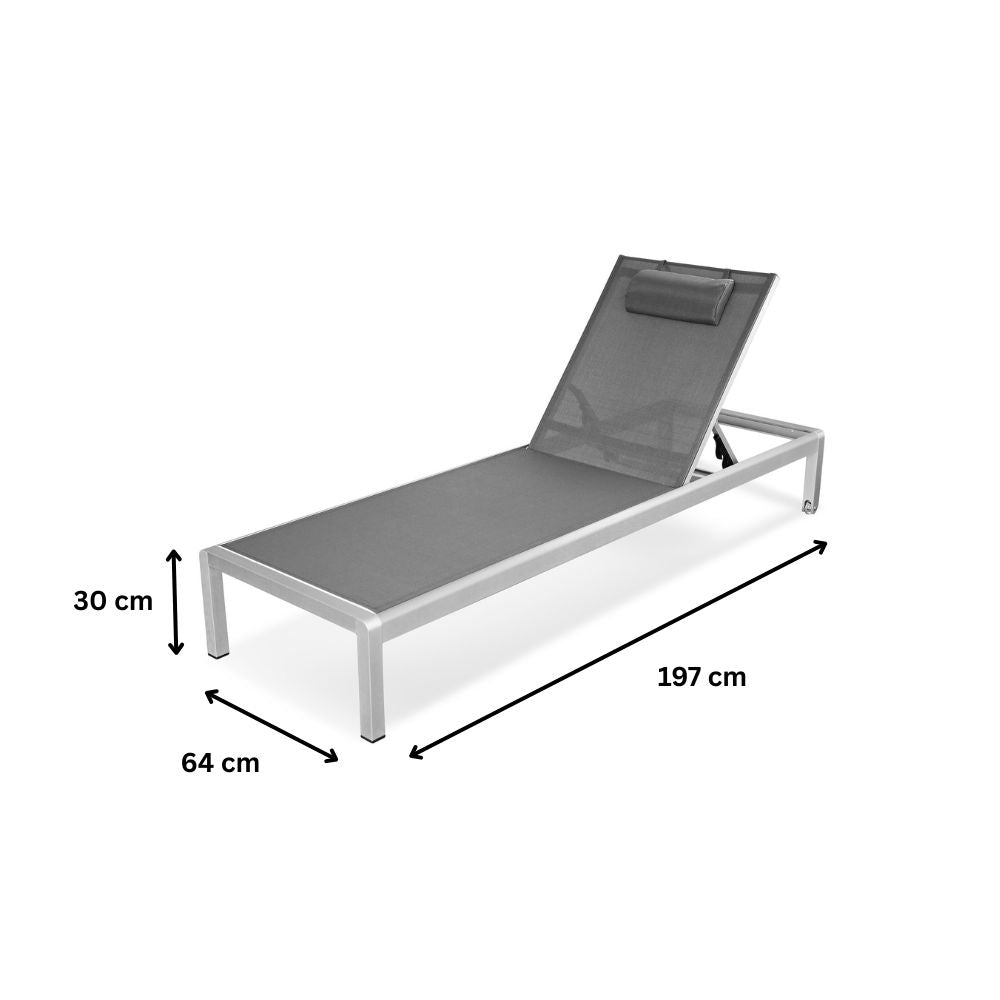 Maße der Aluminium Sonnenliege: 197 cm Länge, 64 cm Breite und 30 cm Höhe mit grauer Liegefläche