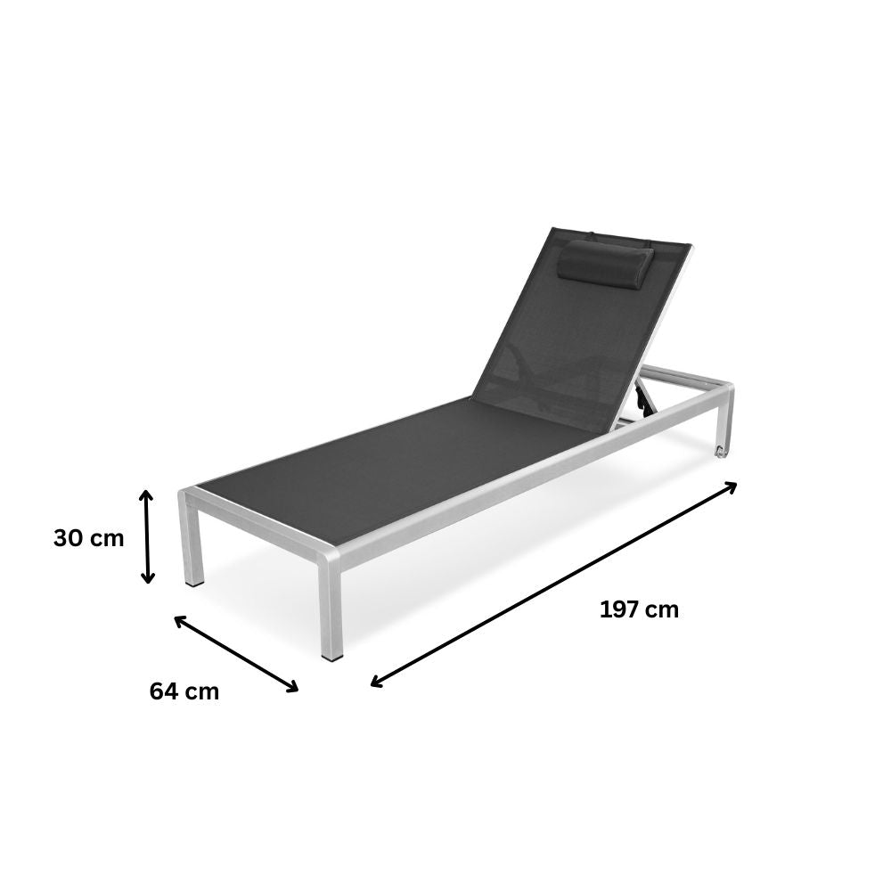 Maße der schwarzen Aluminium Sonnenliege: 197 cm Länge, 64 cm Breite und 30 cm Höhe mit Textilbespannung