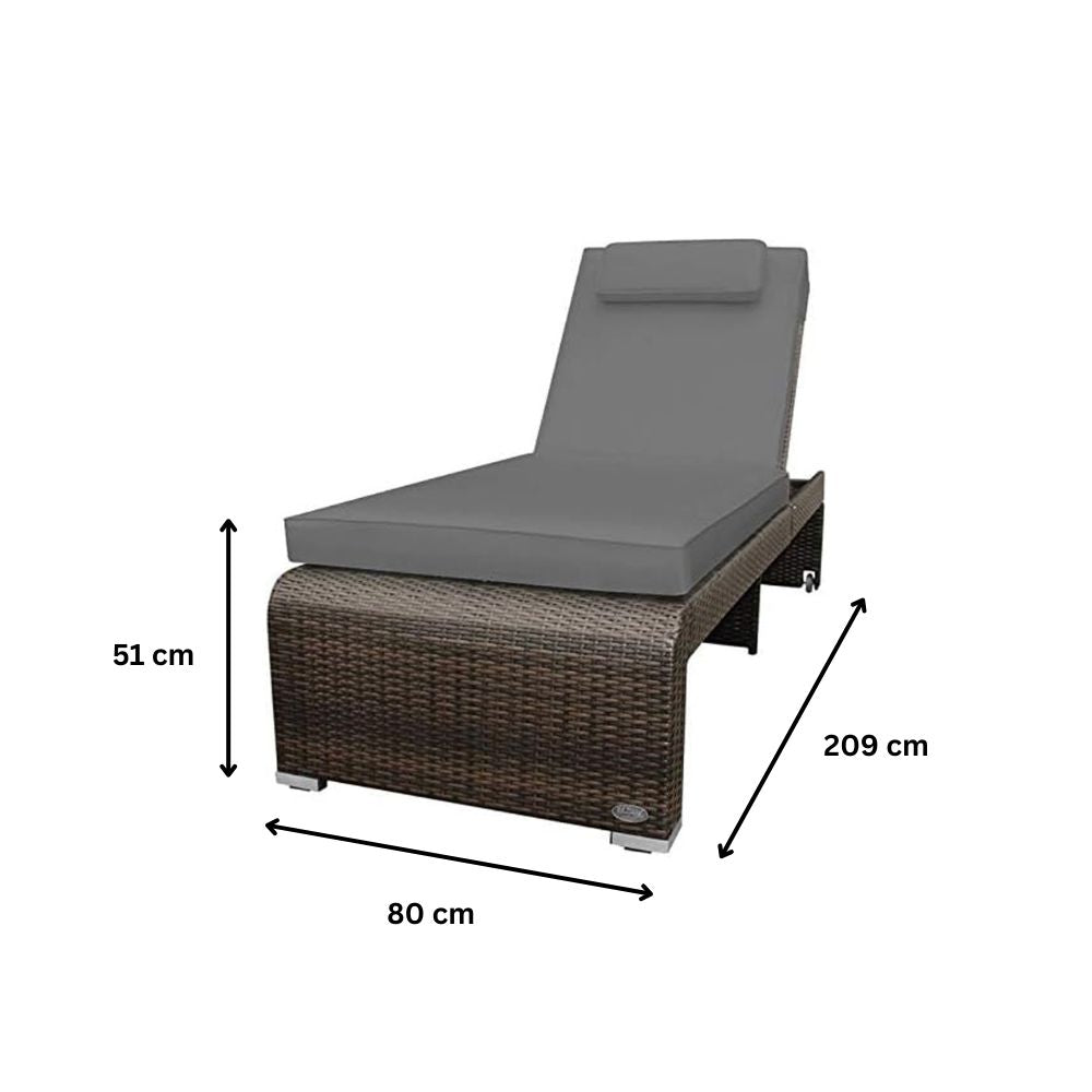 Maße der Polyrattan Sonnenliege: 209 cm Länge, 80 cm Breite und 51 cm Höhe mit grauer Polsterauflage